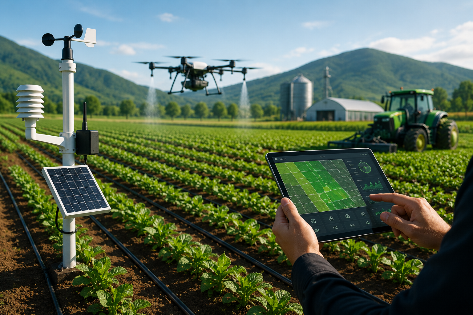 Survey drone flying over precision-farmed crop rows at dawn