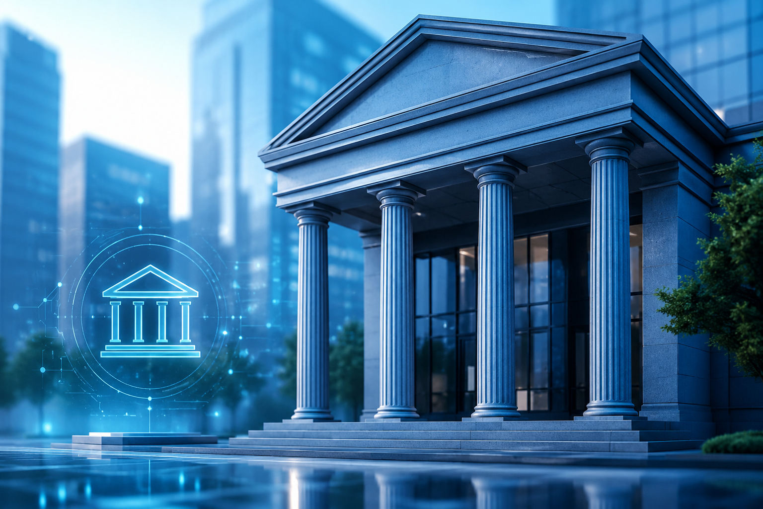 Digital banking operations floor with real-time finance dashboards