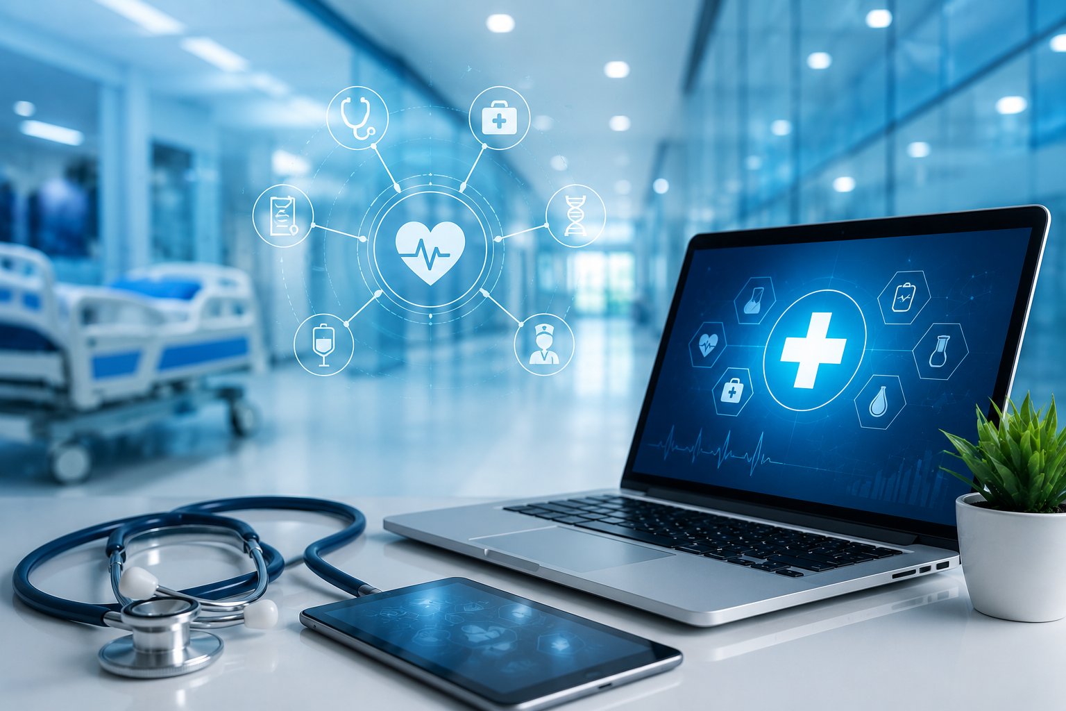 Clinician reviewing AI-assisted diagnostic imaging in a modern hospital